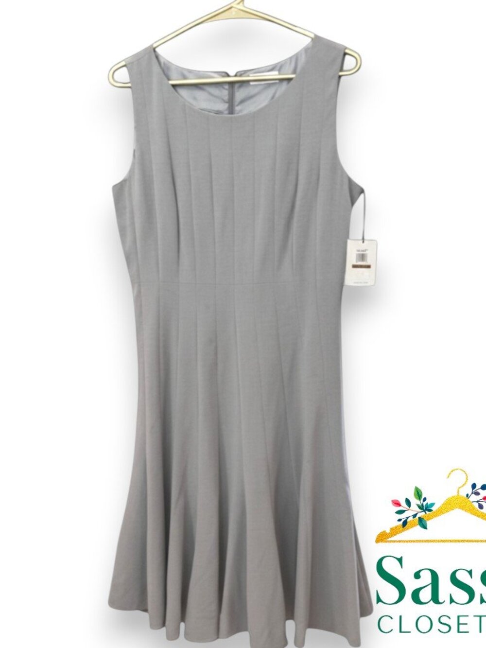 ✨ CALVIN KLEIN Gray Knife Pleat Dress 12 NWT Sleeveless Crew Neck Officecore 🩶